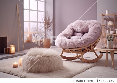 Cozy living room design featuring soft rocking chair and pastel color scheme for comfort 134290359