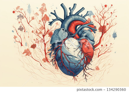 Detailed illustration of anatomy of internal structure of human heart and venous system 134290360