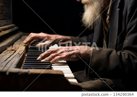 aged hands with wrinkles play piano 134290364