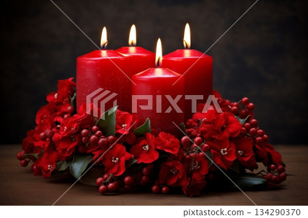 Advent wreath with red candles in low key 134290370
