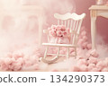 Wooden rocking chair adorned with bouquet pink roses, creating romantic ambiance, bokeh background 134290373