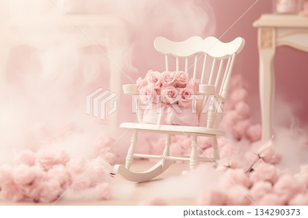 Wooden rocking chair adorned with bouquet pink roses, creating romantic ambiance, bokeh background 134290373