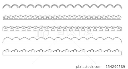Scalloped edge lace border, textile frill stripe. scalloped border, frame, pattern isolated. Zigzag edge border, cutout decoration line frame collection 134290589