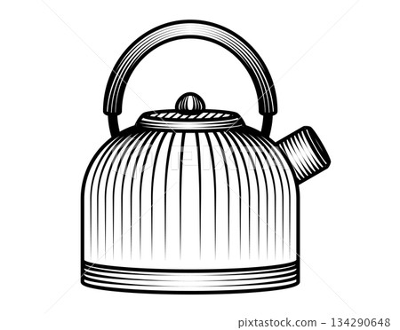 Stovetop whistling tea kettle illustration in vintage woodcut style black and white retro kitchen appliance for boiling water preparation of hot beverages old fashioned Stovetop whistling tea kettle illustration in vintage woodcut style black and white retro kitchen appliance for boiling water preparation of hot beverages old fashioned 134290648