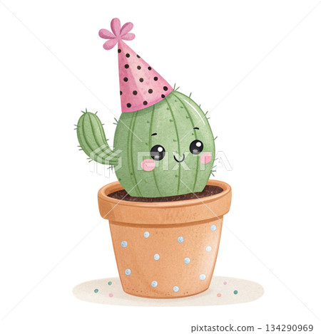 Potted cactus Cute Kawaii wearing a party hat 134290969