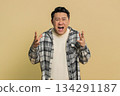 Irritated angry Asian mature man screams from stress tension problems, shock, rage, nervous, quarrel 134291187