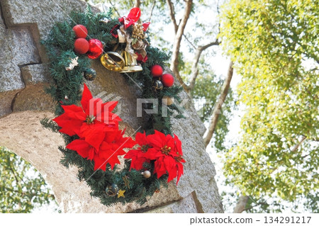 紅色一品紅花環冬日風景聖誕節 紅色一品紅花環冬日風景聖誕節 134291217