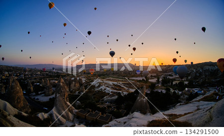Sunrise Hot Air Balloons Over Rocky Landscape Sunrise Hot Air Balloons Over Rocky Landscape 134291500