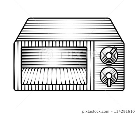 retro microwave oven illustration in vintage woodcut style black and white kitchen appliance cooking old fashioned engraved drawing sketch design 134291610