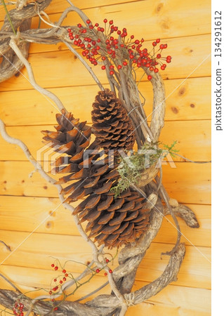 松果和紅堅果的冬日景色 134291612