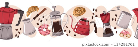Seamless Border With Barista Tools. Coffee Maker, Grinder, Mug In Flat Style. Repeating Brew Pattern For Coffee Shop Wallpaper, Packaging, Branding, Poster And Workshop Decor. Coffee Craft Concept. Seamless Border With Barista Tools. Coffee Maker, Grinder, Mug In Flat Style. Repeating Brew Pattern For Coffee Shop Wallpaper, Packaging, Branding, Poster And Workshop Decor. Coffee Craft Concept. 134291701