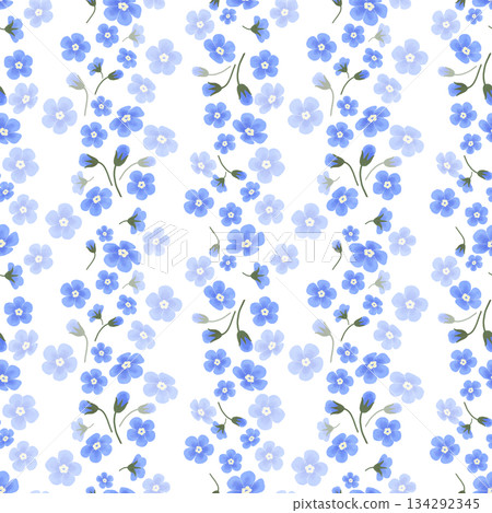 Floral seamless pattern with blue forget-me-nots, hand-drawn watercolor digital illustration in flat naive style. For design 134292345