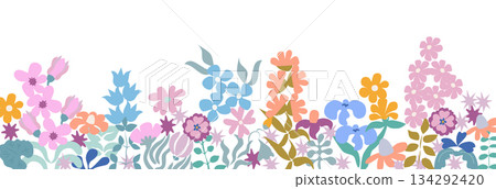 Delicate flat vector border featuring primitive line art flowers in pastel colors. A unique strip perfect for adding a handmade touch to stationery or digital projects. Delicate flat vector border featuring primitive line art flowers in pastel colors. A unique strip perfect for adding a handmade touch to stationery or digital projects. 134292420
