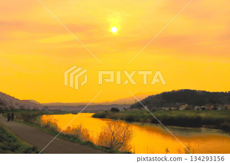 A beautiful sunset and the crimson color of the Shiraishi River 134293156