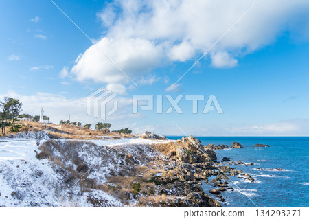 從青森縣八戶市足重崎展望台眺望種指海岸的雪景 134293271