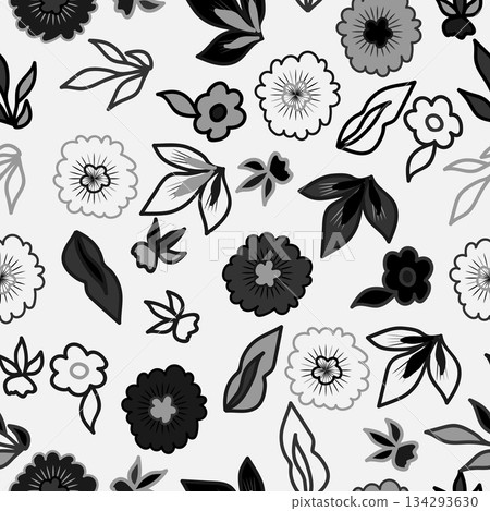 Monochrome botanical vector illustration for trendy wrapping paper, modern fashion apparel, home decor packaging, and abstract wallpaper design. Monochrome botanical vector illustration for trendy wrapping paper, modern fashion apparel, home decor packaging, and abstract wallpaper design. 134293630