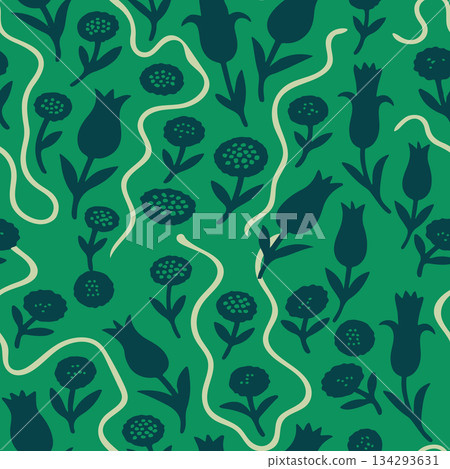 Dark green flower silhouette seamless pattern perfect for apparel, wrapping paper, packaging, and interior design products. Dark green flower silhouette seamless pattern perfect for apparel, wrapping paper, packaging, and interior design products. 134293631