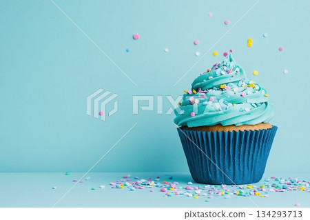 Perfectly frosted cupcake with pastel sprinkles on blue background for celebration themes 134293713