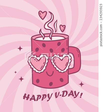 Cute Pink Mug With Heart Sunglasses. Hand Drawn Doodle Happy Valentines Day. Vector Illustration. Not AI Cute Pink Mug With Heart Sunglasses. Hand Drawn Doodle Happy Valentines Day. Vector Illustration. Not AI 134293923