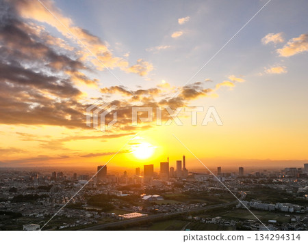 Aerial view of the sunset from the Minuma rice fields in Saitama Prefecture and Saitama New Urban Center 134294314