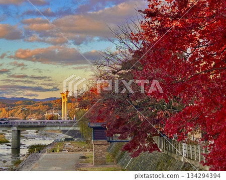 Takayama cityscape at dusk and the large torii gate 134294394