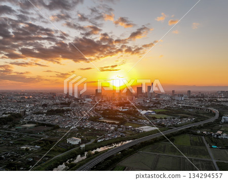 Aerial view of the sunset from the Minuma rice fields in Saitama Prefecture and Saitama New Urban Center 134294557