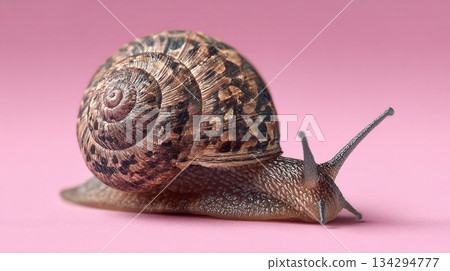 A terrestrial pulmonate gastropod mollusk slowly crosses a plain pink surface, its spotted brown shell clearly visible in a close-up shot. A terrestrial pulmonate gastropod mollusk slowly crosses a plain pink surface, its spotted brown shell clearly visible in a close-up shot. 134294777