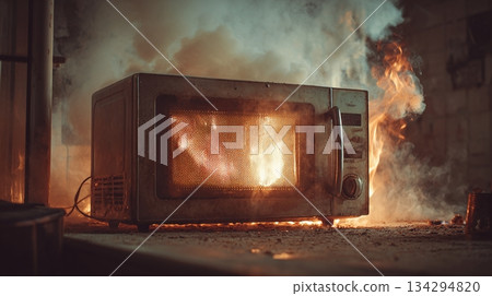 A microwave engulfed in flames and smoke, standing against a dark background. The fire reflects through the window creating an intense and dangerous scene. The setting is dramatic. 134294820