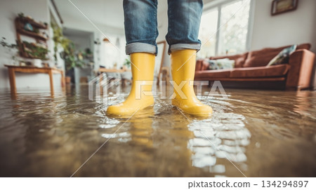 Person in yellow boots standing in a flooded living room, showcasing the aftermath of a plumbing failure or extreme weather. Flood emergency and safety protocols matter. 134294897