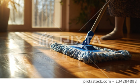 The mop is cleaning the floor of a home interior, with sunlight streaming through a window. The floor appears to be a wooden floor. The person is performing a typical chore. The mop is cleaning the floor of a home interior, with sunlight streaming through a window. The floor appears to be a wooden floor. The person is performing a typical chore. 134294898