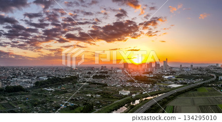 Aerial view of the sunset from the Minuma rice fields in Saitama Prefecture and Saitama New Urban Center 134295010