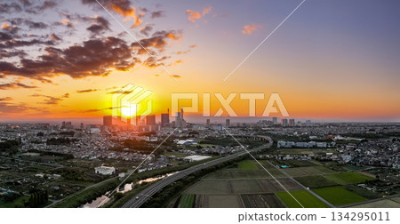 Aerial view of the sunset from the Minuma rice fields in Saitama Prefecture and Saitama New Urban Center 134295011