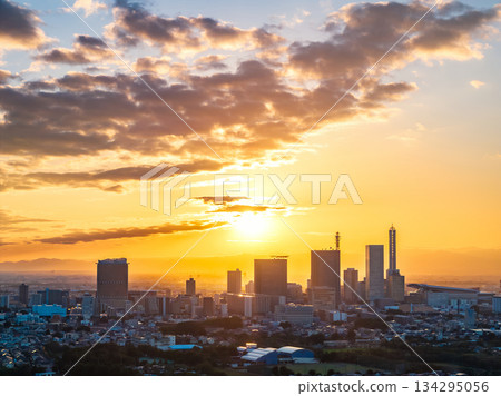 從埼玉縣美沼稻田和埼玉新都市中心俯瞰日落美景 134295056