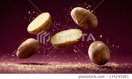 Floating potatoes in a vibrant display of culinary artistry. The image captures fresh potatoes suspended in mid-air against a rich, deep purple backdrop. 134295061