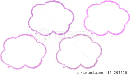 A set of speech bubbles drawn with pink crayons. They are cloud-shaped and come in various shades of pink. They have a cute, hand-drawn look. 134295326
