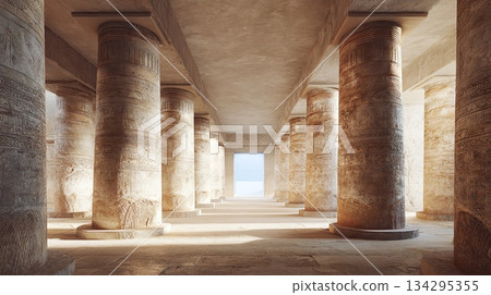 Step back in time to this ancient hall of intricately carved pillars, bathed in soft light. The architecture tells tales of the past, a journey through history's echoes. 134295355