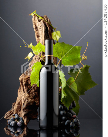 Bottle of red wine with blue grapes and vine branches. 134295410