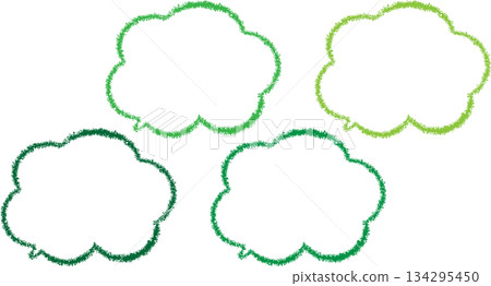 A set of various green speech bubbles. Cute designs drawn with crayons. Hand-drawn cloud-shaped. 134295450