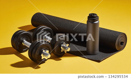 Fitness essentials on a yellow backdrop: Weights for strength, a yoga mat for flexibility, and a water bottle for hydration. A balanced approach to a healthy lifestyle. 134295534