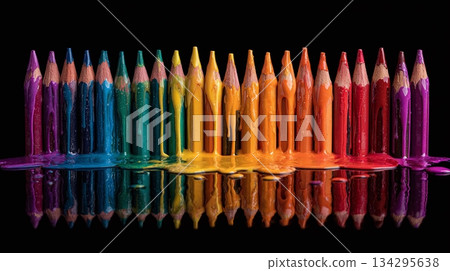 Vibrant colored pencils melt in a spectrum of hues, mirroring on a sleek black surface. Art meets decay in a mesmerizing display of color and form. Creative destruction! 134295638