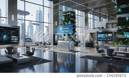 Futuristic corporate lobby with AI automated reception and holographic signage 134295673