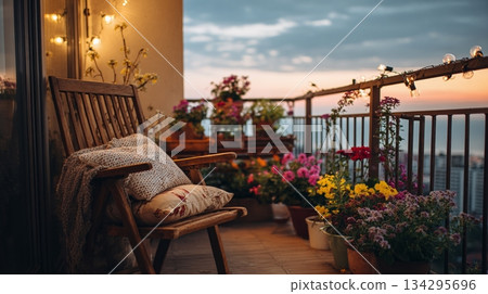 Balcony bliss at sunset. A cozy wooden chair with pillows invites relaxation amidst vibrant flower pots and soft, ambient string lights, creating an enchanting outdoor space. 134295696