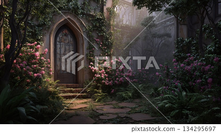 A secret garden entrance, shrouded in vines and blooming flowers, beckons with an aged, arched doorway. Steps lead to a world of mystery and floral beauty. 134295697
