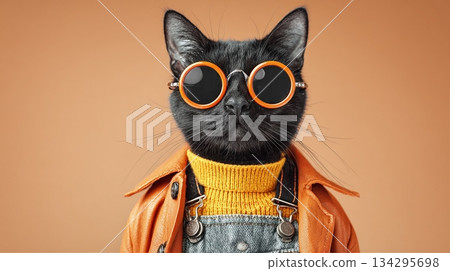 Dressed in style, a sleek black cat sports orange-rimmed shades, a mustard turtleneck, and denim overalls under a leather jacket against a caramel backdrop. #CatFashion 134295698