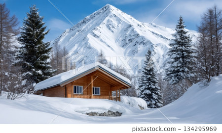 Wooden mountain cabin with snow covered roof and forest 134295969