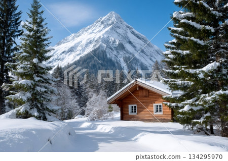 Wooden cabin nestled in the snow covered Alps mountains 134295970