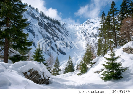 Avalanche crashing down a snowy mountain slope Avalanche crashing down a snowy mountain slope 134295979