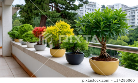 Colorful bonsai trees creating urban balcony garden Colorful bonsai trees creating urban balcony garden 134296000