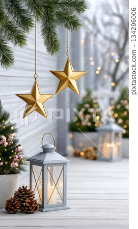 Golden stars hanging and lantern on winter Christmas porch Golden stars hanging and lantern on winter Christmas porch 134296006