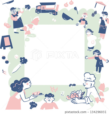 一幅描繪熱鬧市集和美食活動的畫面。一幅溫暖的手繪插畫，人們帶著笑容地聚集在一起。 134296031